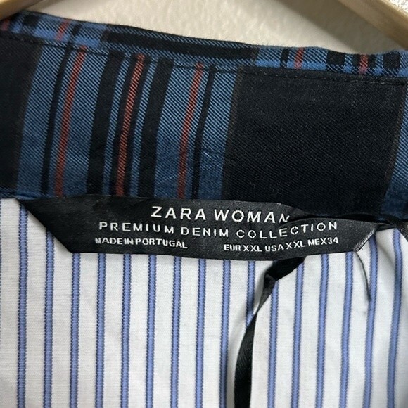 Zara Patchwork Multicolor Plaid Asymetrical Hem Button Down Shirt 2XL - Picture 4 of 6